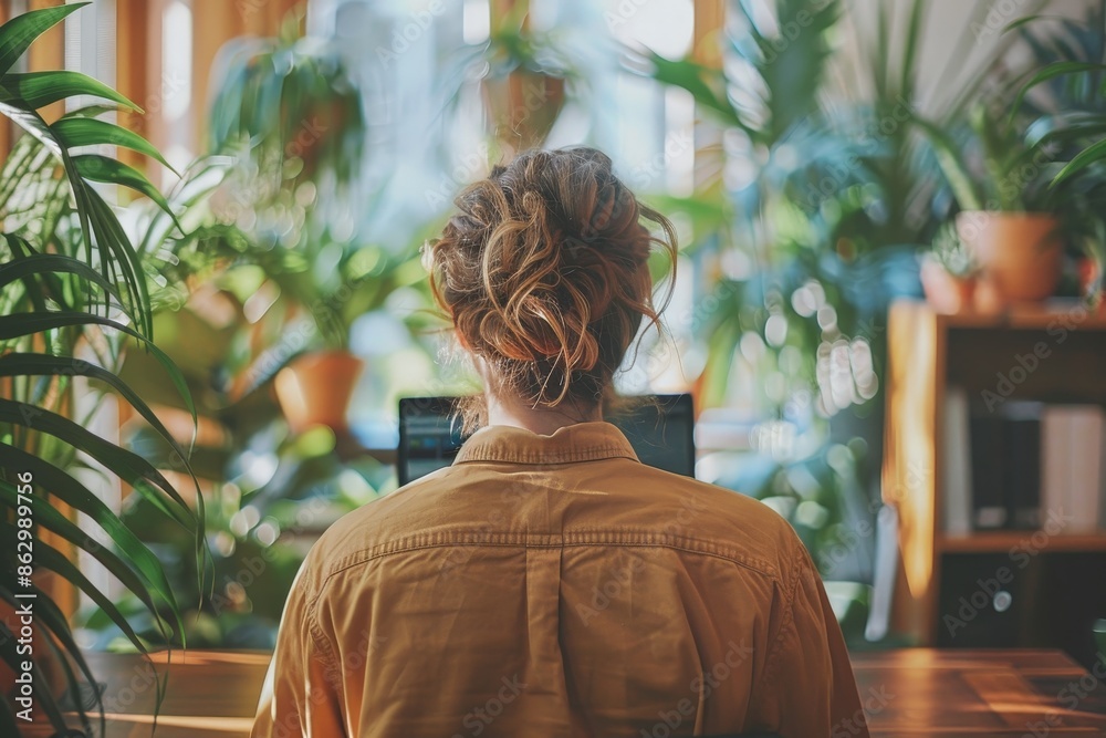 Person with bun hairstyle working on laptop surrounded by houseplants in cozy room with natural light.