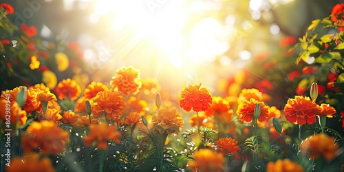 Picture a marigold garden during a sunny afternoon. How do the bright orange and yellow flowers reflect the warmth and energy of the sun'