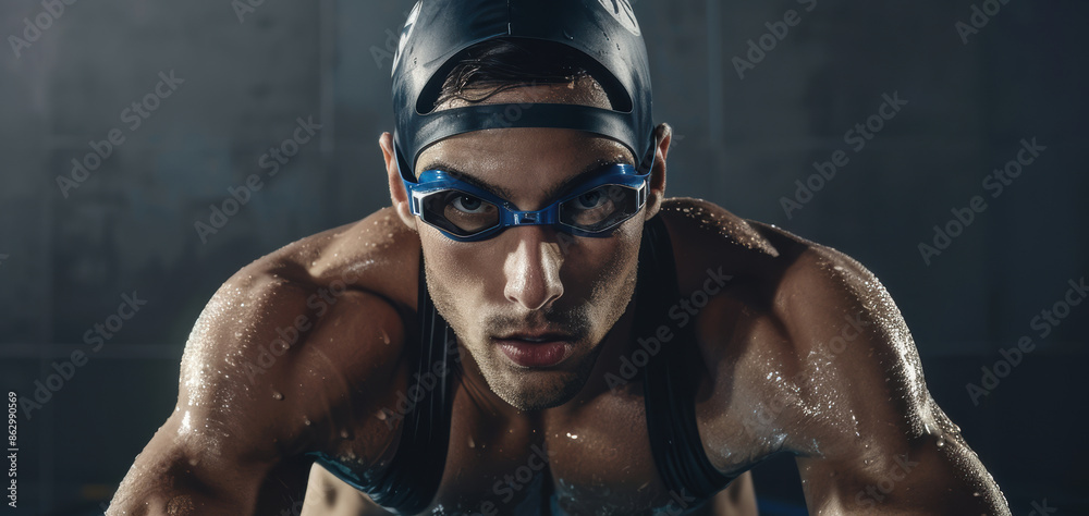 Obraz premium swimmer emanates strength and resolve in a moody portrait, dramatically lit from the side and front in a dim studio, adorned in a sleek racing swimsuit,