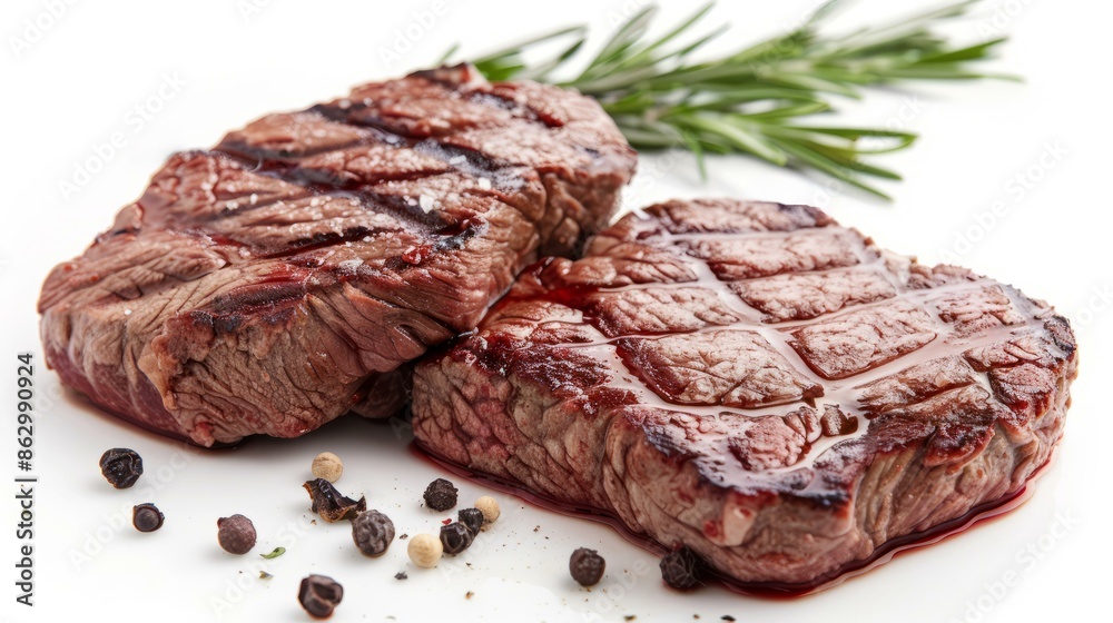 Grilled steaks with rosemary and peppercorns. Two juicy grilled steaks seasoned with rosemary and peppercorns on a white background. Grilled steaks with rosemary and peppercorns. Two juicy grilled steaks seasoned with rosemary and peppercorns on a white background.