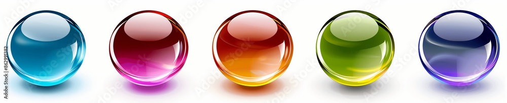 5 different glass buttons, glossy colored, white background, 2D illustration, at a 30 degree angle 5 different glass buttons, glossy colored, white background, 2D illustration, at a 30 degree angle