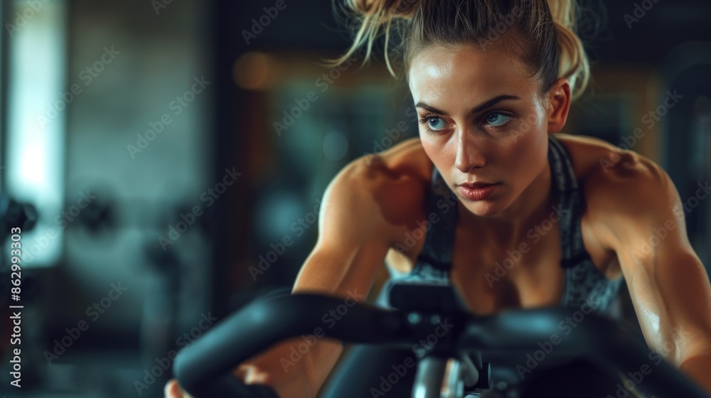 Fototapeta premium Young woman using exercise bike at the gym. Fitness female using air bike for cardio workout at crossfit gym