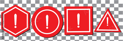 Set of round, square, rhombic, triangular and hexagonal yellow road signs with exclamation point. Caution sign. Vector icons for warning about the situation on the road. White isolated background