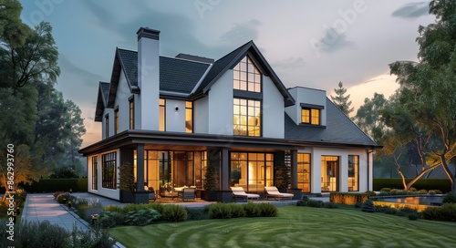 Modern White House With Large Windows at Dusk