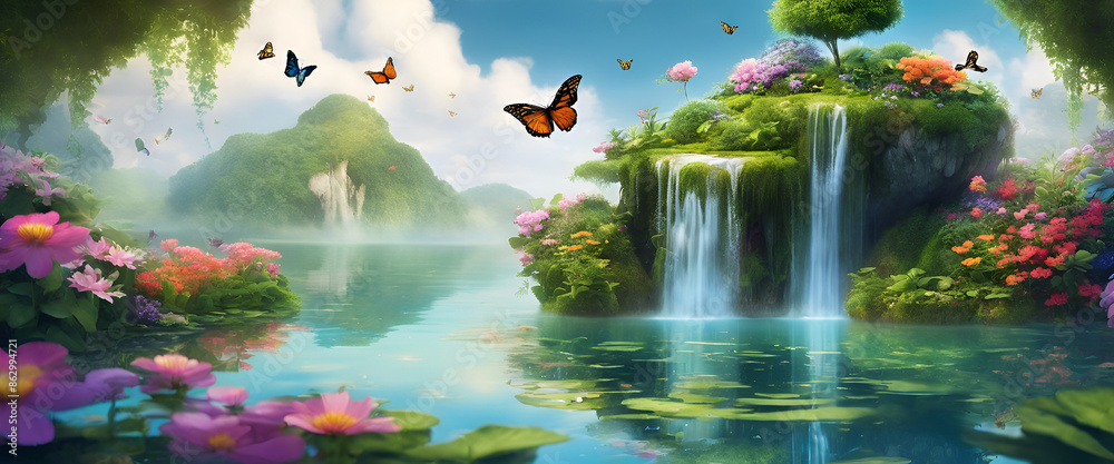 Floating Island with Vibrant Flowers, Trees & Butterflies - Generative AI Floating Island with Vibrant Flowers, Trees & Butterflies - Generative AI