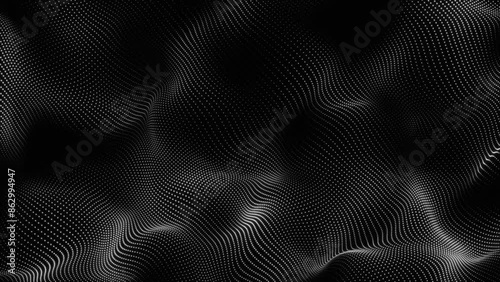 Abstract digital Dynamic wave of particle dots connection network background. black background and white dot animation futuristic . Big data visualization.