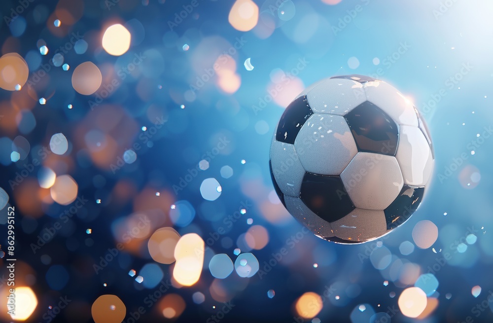 Naklejka premium A soccer ball bends the net as it flies into the goal against a blue background, enhanced by cyber technology and bokeh light effects.