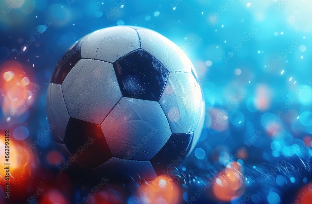 Naklejka premium A soccer ball bends the net as it flies into the goal against a blue background, enhanced by cyber technology and bokeh light effects.