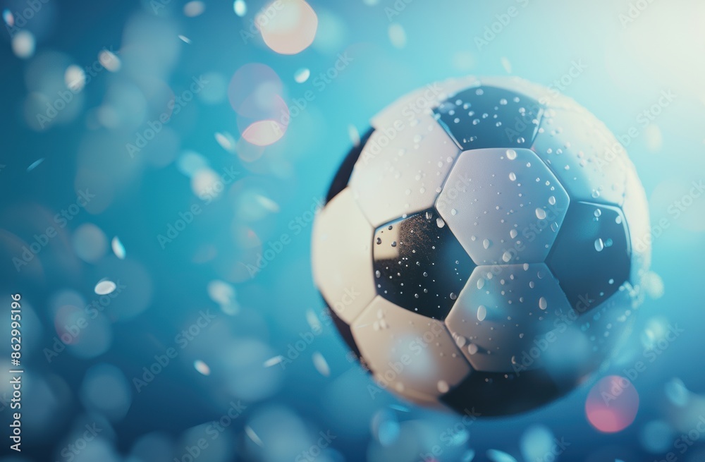 Obraz premium A soccer ball bends the net as it flies into the goal against a blue background, enhanced by cyber technology and bokeh light effects.