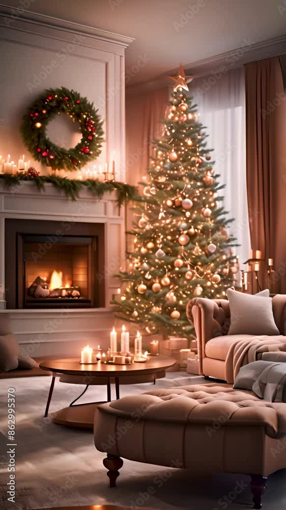 Christmas tree with colorful garland in large modern living room with a holiday decor and fireplace. Vertical. Christmas tree with colorful garland in large modern living room with a holiday decor and fireplace. Vertical.