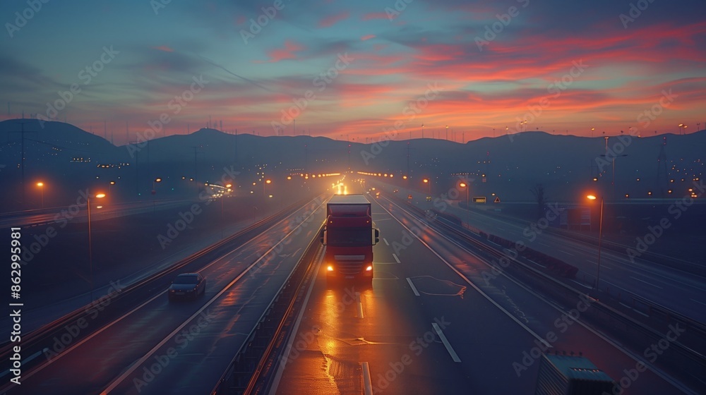 Semi-Truck Driving on Highway at Dusk With Pink Sky Semi-Truck Driving on Highway at Dusk With Pink Sky