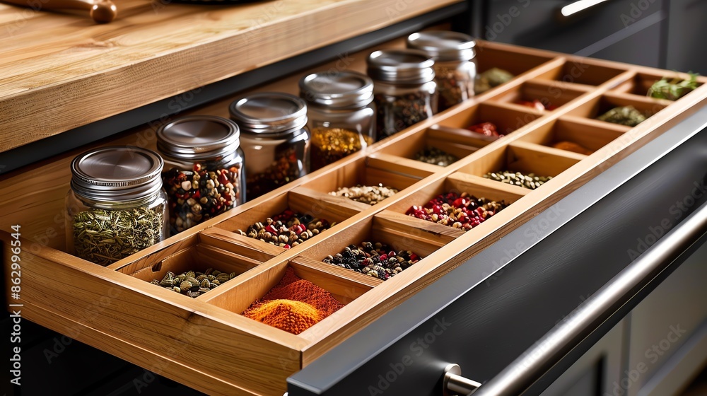 A drawer with builtin compartments for spices A drawer with builtin compartments for spices