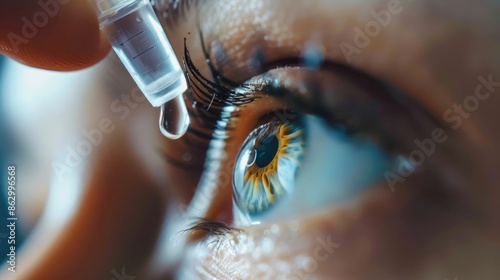 Dry eye syndrome. Woman puts moisturizing drop into her eye close-up. Healthy vision. Ophthalmologist prescribed eyedrop medicine. Medical care. Patient use allergy dropper closeup. Eyecare.