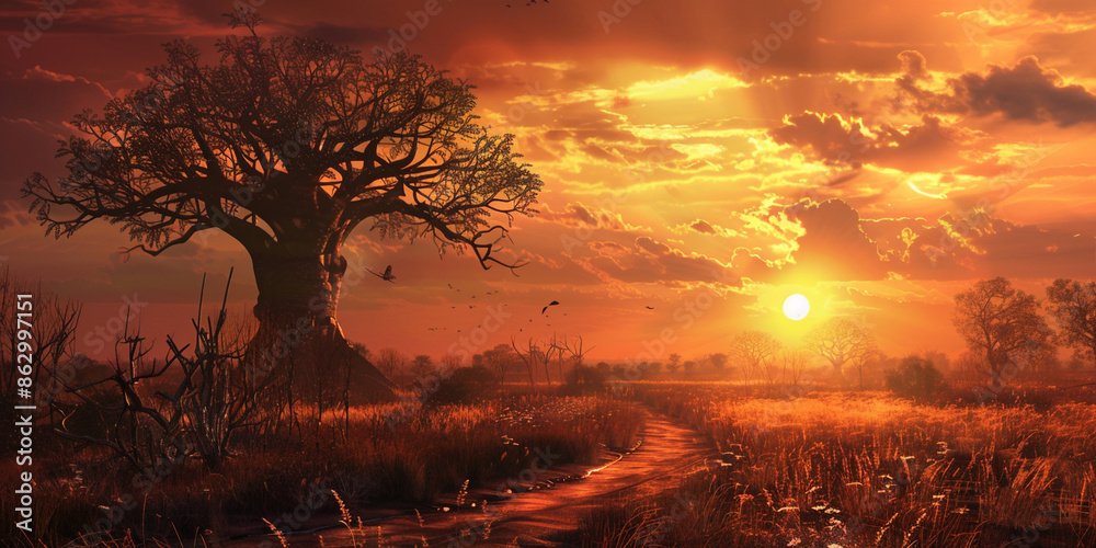 Obraz premium The African sun sets over the horizon in a blaze of