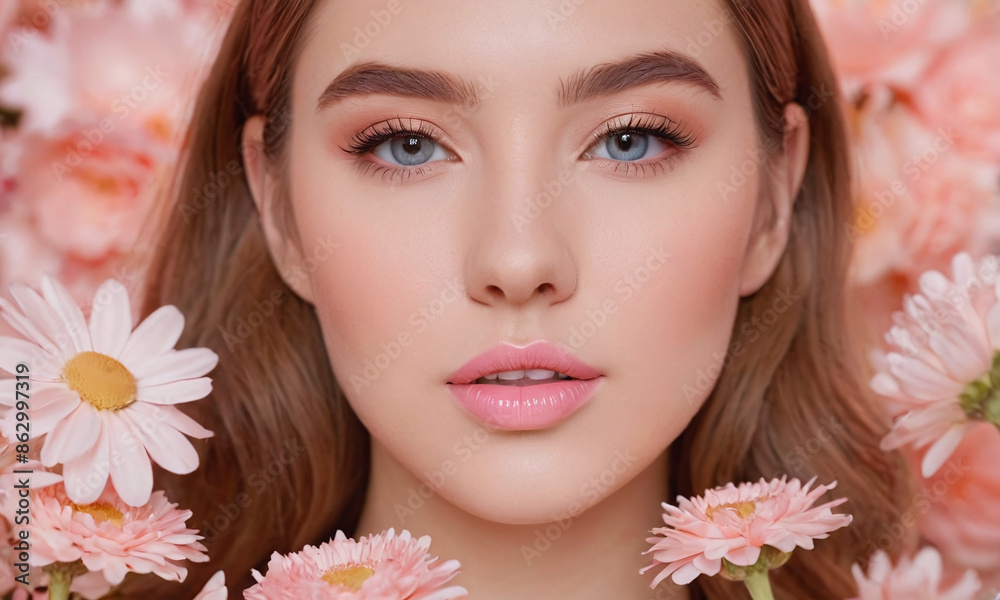 A close-up front view of a beauty girl wearing pastel lipstick and surrounded by pastel flowers. The image has a dreamy effect with soft edges A close-up front view of a beauty girl wearing pastel lipstick and surrounded by pastel flowers. The image has a dreamy effect with soft edges