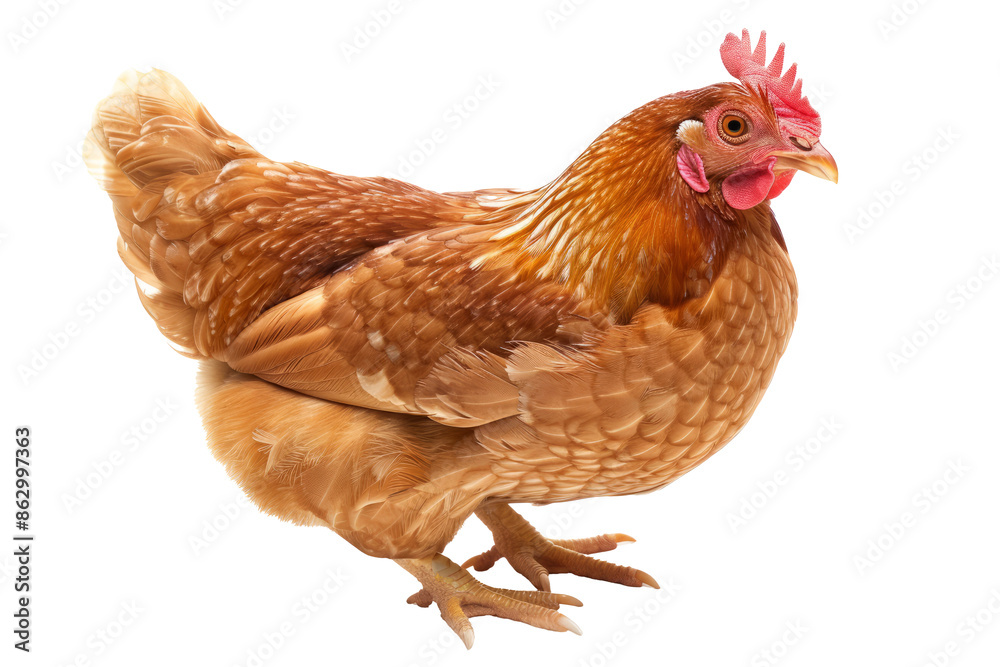 Fototapeta premium Brown hen isolated on white background. Full body profile of a brown hen standing, isolated on a white background.