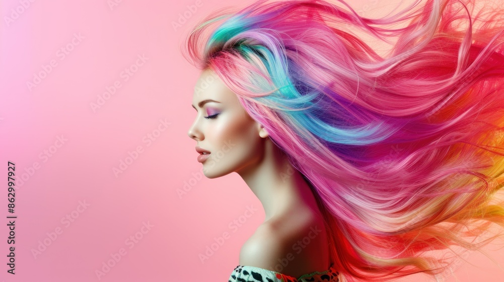 Fototapeta premium Beauty Fashion Model Portrait pink hair color. Bob Short Haircut. Fringe Hairstyle. Hairdressing. Beautiful Glamour Girl with Short blonde hair