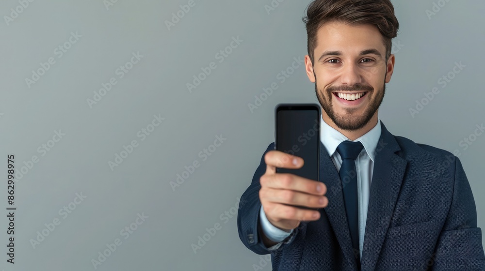 Smiling Businessman Holding Phone Against Gray Background Smiling Businessman Holding Phone Against Gray Background