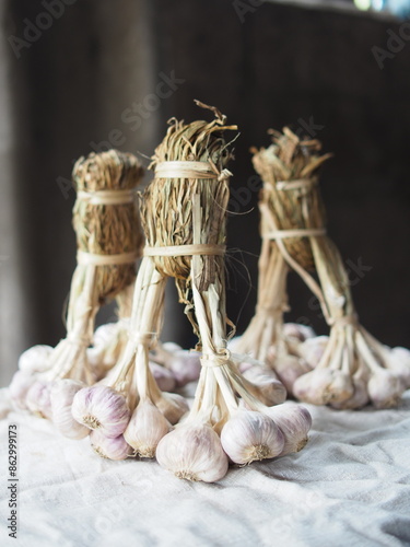 fresh garlic bundle and cooking in kitchen texture 