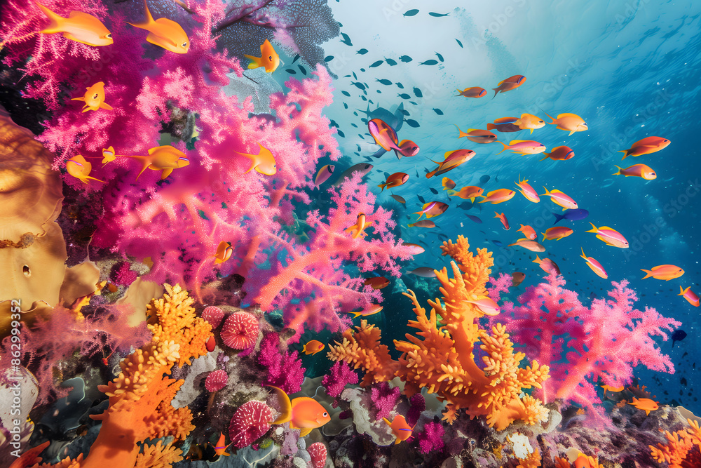 Fototapeta premium A colorful coral reef with a variety of fish swimming around it