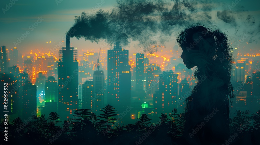 Fototapeta premium A silhouette of a woman stands against a backdrop of a city skyline with a large factory emitting plumes of smoke in the distance.
