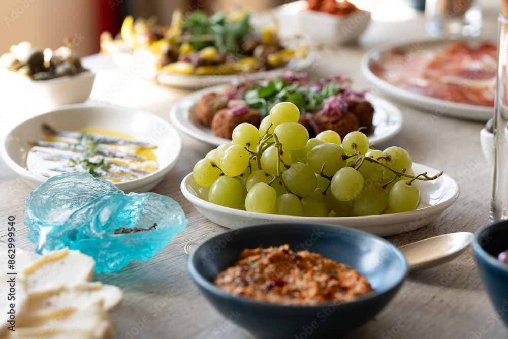 Grapes, green grape, fresh fruit antipasti healthy buffet food, European cuisine lunch Grapes, green grape, fresh fruit antipasti healthy buffet food, European cuisine lunch
