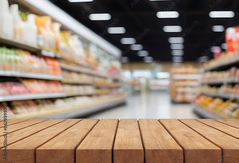 Empty wooden table with blurred supermarket aisle background. Ideal for product placement, food displays, or retail promotional materials. Empty wooden table with blurred supermarket aisle background. Ideal for product placement, food displays, or retail promotional materials.