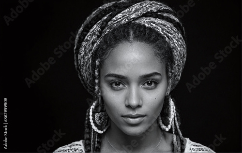 Dynamic black and white portrait of a young woman with rasta hair, featuring a challenging expression that captures her determination and will to overcome obstacles. photo