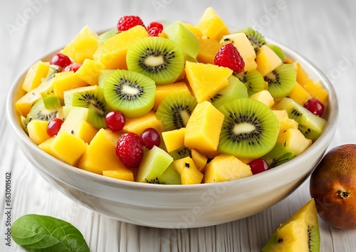 Tropical Fruit Salad - A Refreshing Mix of Mango, Pineapple, and Kiwi_ on white background