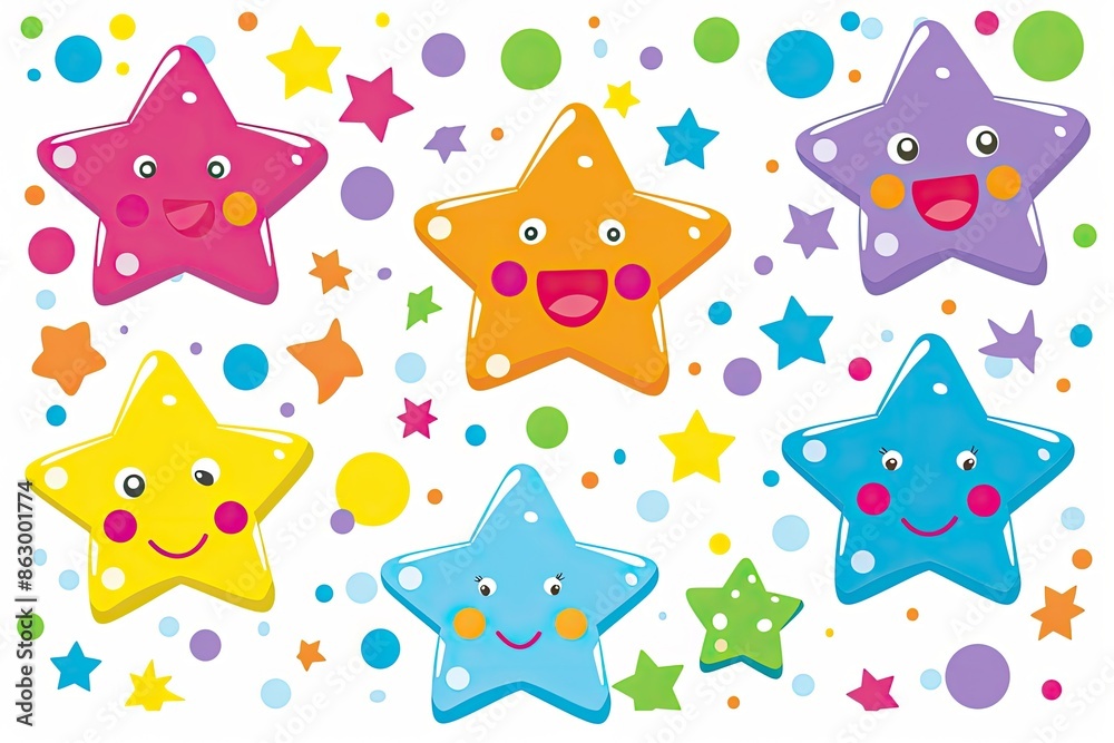 Cheerful colorful cartoon stars with smiling faces and vibrant polka dots, perfect for playful designs and kid-themed artwork. Cheerful colorful cartoon stars with smiling faces and vibrant polka dots, perfect for playful designs and kid-themed artwork.