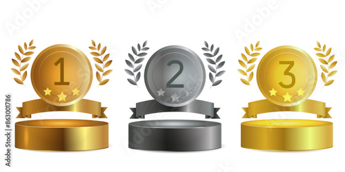 set of awards medals for first, second, third place on gold pedestals