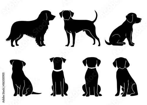 Stunning Black Silhouette Dogs Collection. Cute puppies, dogs, and pets are in different poses,  vector set illustration.