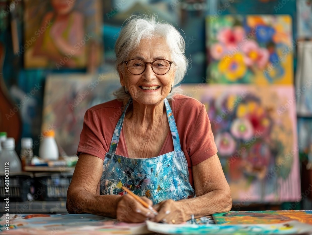 Smiling senior woman artist in her studio, surrounded by colorful paintings. Smiling senior woman artist in her studio, surrounded by colorful paintings.