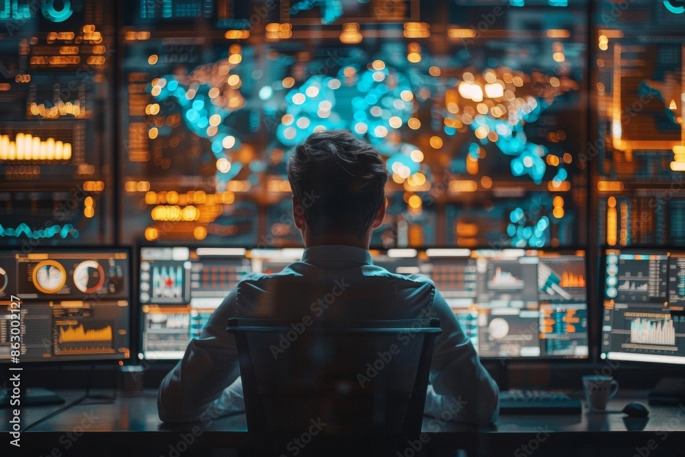 A man sits in front of multiple computer monitors displaying data and graphs, working late at night.