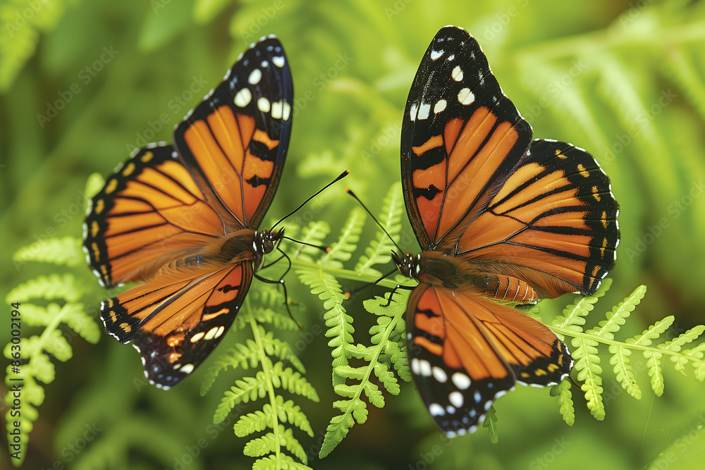Fototapeta premium Two orange butterflies are sitting on a green leaf