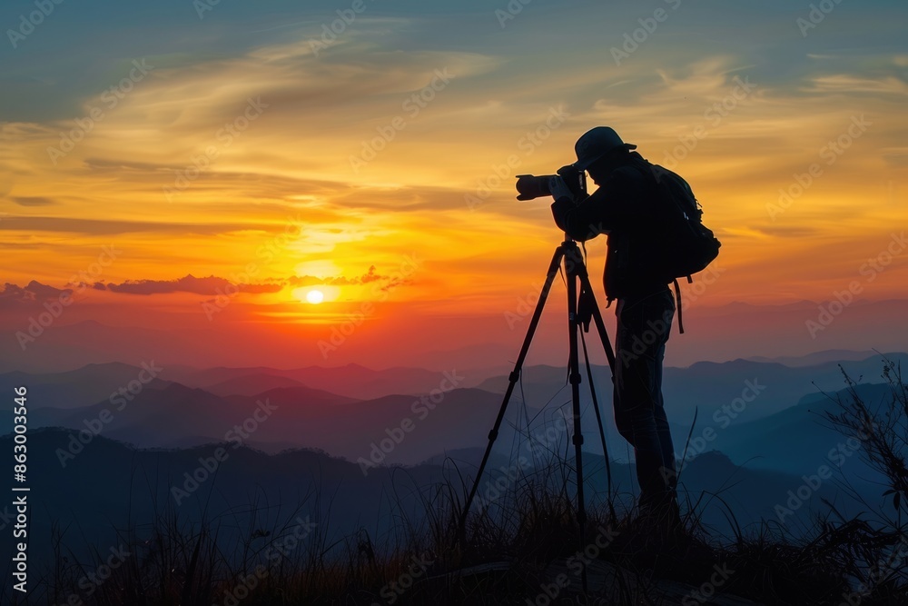 Photographer silhouette against sunset background. Photographer silhouette against sunset background.