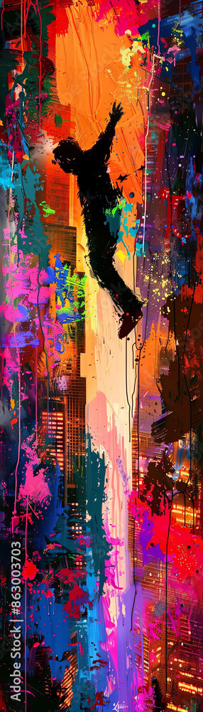 Fototapeta premium Colorful abstract digital art of a silhouetted figure jumping with vibrant splashes of color and energy in the background.