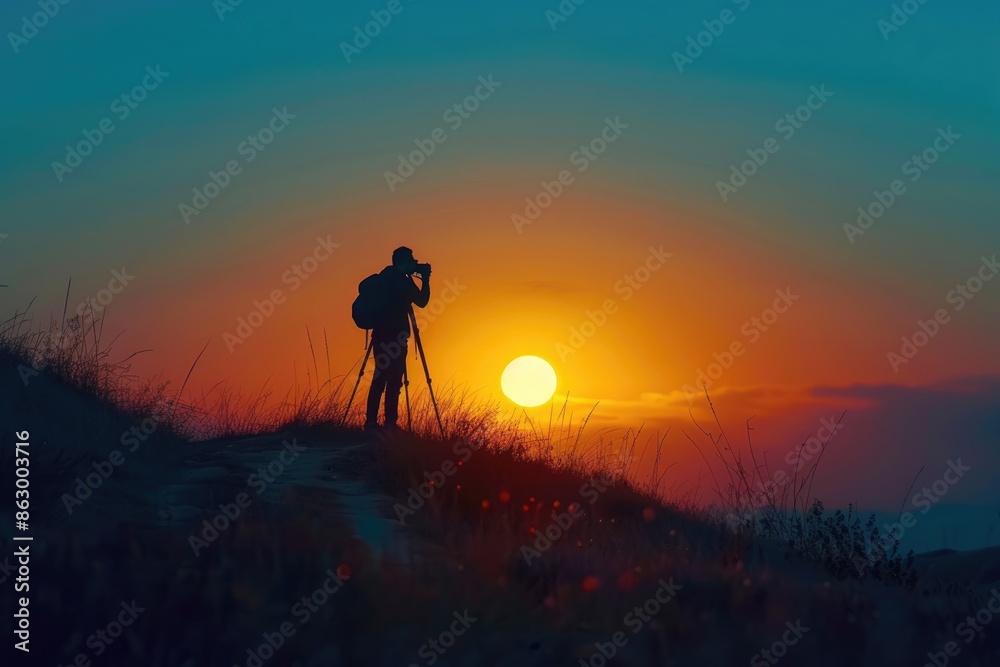 Photographer silhouette against sunset backdrop. Photographer silhouette against sunset backdrop.
