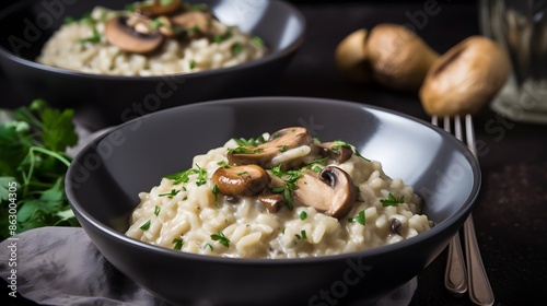 Close up view of appetizing mushroom risotto. 