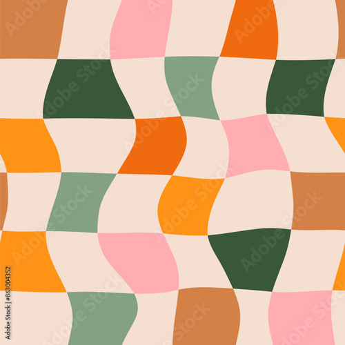 Distorted retro checkerboard seamless vector pattern in neutral, muted colors. Abstract wavy squares, plaid background in groovy, funky style.