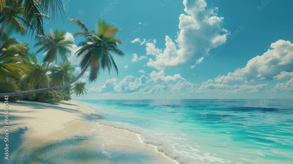 Illustration of Sandy beach with turquoise waters and swaying palm trees Illustration of Sandy beach with turquoise waters and swaying palm trees