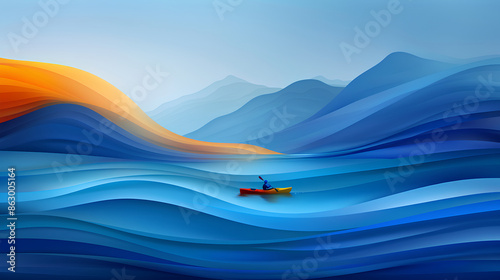 Abstract blue waves, mountains and person in canoe on river background.