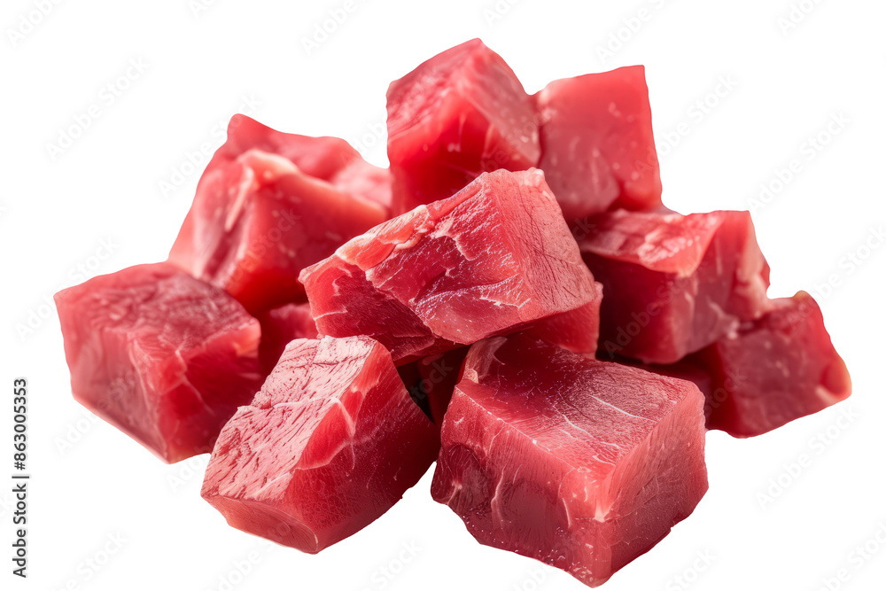Raw beef cubes isolated on white background. Close-up of fresh, uncooked beef cubes, perfect for showcasing meat products, recipes, or culinary concepts. Raw beef cubes isolated on white background. Close-up of fresh, uncooked beef cubes, perfect for showcasing meat products, recipes, or culinary concepts.