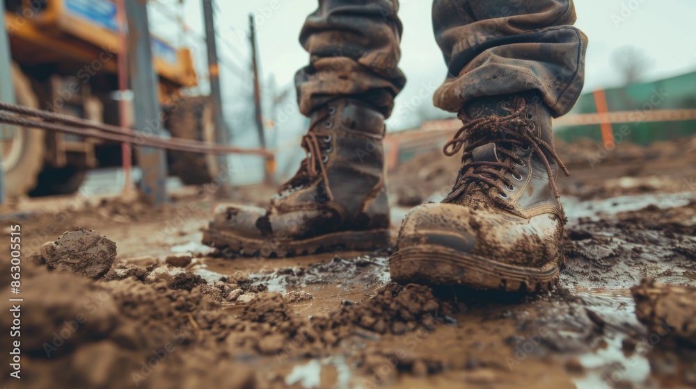 A close-up of muddy construction boots on a worker at a construction site A close-up of muddy construction boots on a worker at a construction site