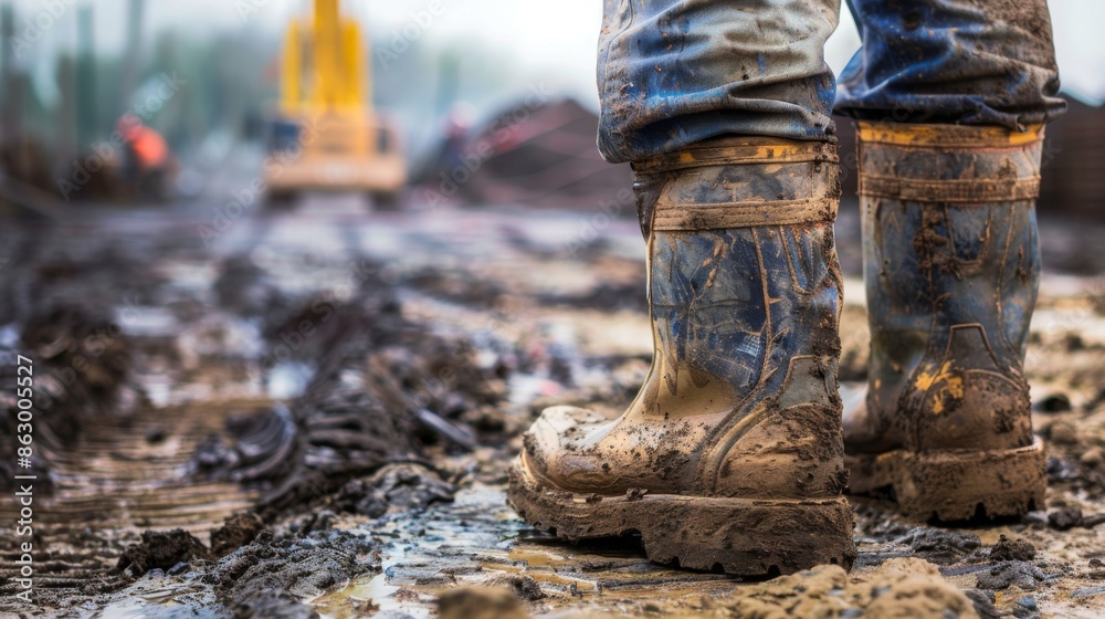 A close-up of muddy construction boots on a worker at a construction site