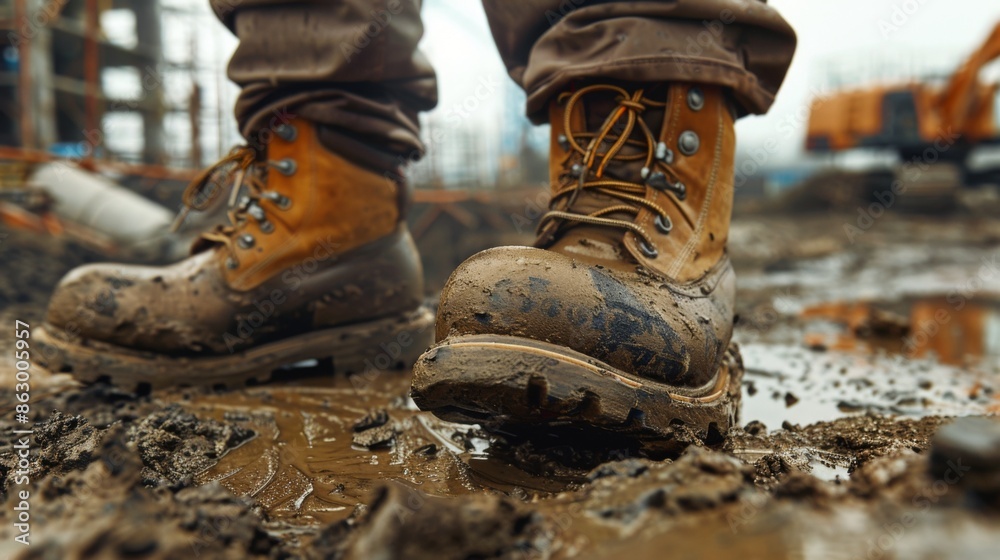 A close-up of muddy construction boots on a worker at a construction site
