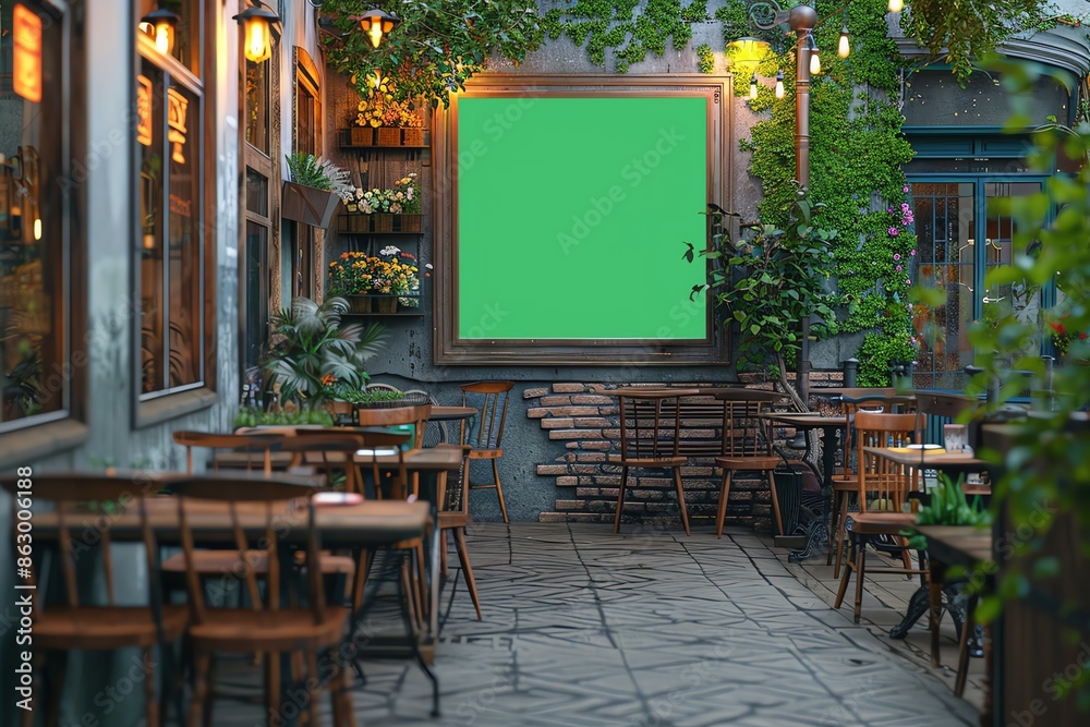 Cozy outdoor cafe with tables and chairs, surrounded by greenery and warm lighting, featuring a blank green billboard for advertisement. Cozy outdoor cafe with tables and chairs, surrounded by greenery and warm lighting, featuring a blank green billboard for advertisement.