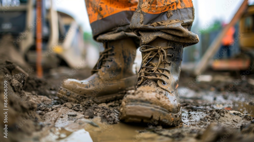 A close-up of muddy construction boots on a worker at a construction site A close-up of muddy construction boots on a worker at a construction site