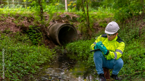 Bild auf Leinwand An ecologist in a green jacket sitting on a steel pole while holding the plastic glass on his left hand examination the quality of the water