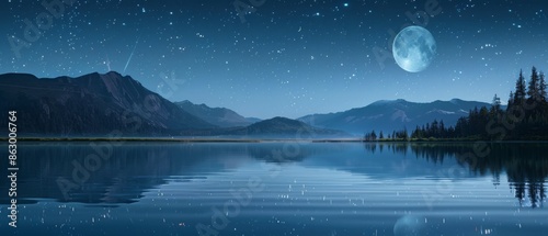 Fototapeta Naklejka Na Ścianę i Meble -  a dreamy starlit night over a tranquil lake with reflections of the moon and constellations, creating a serene and mystical
